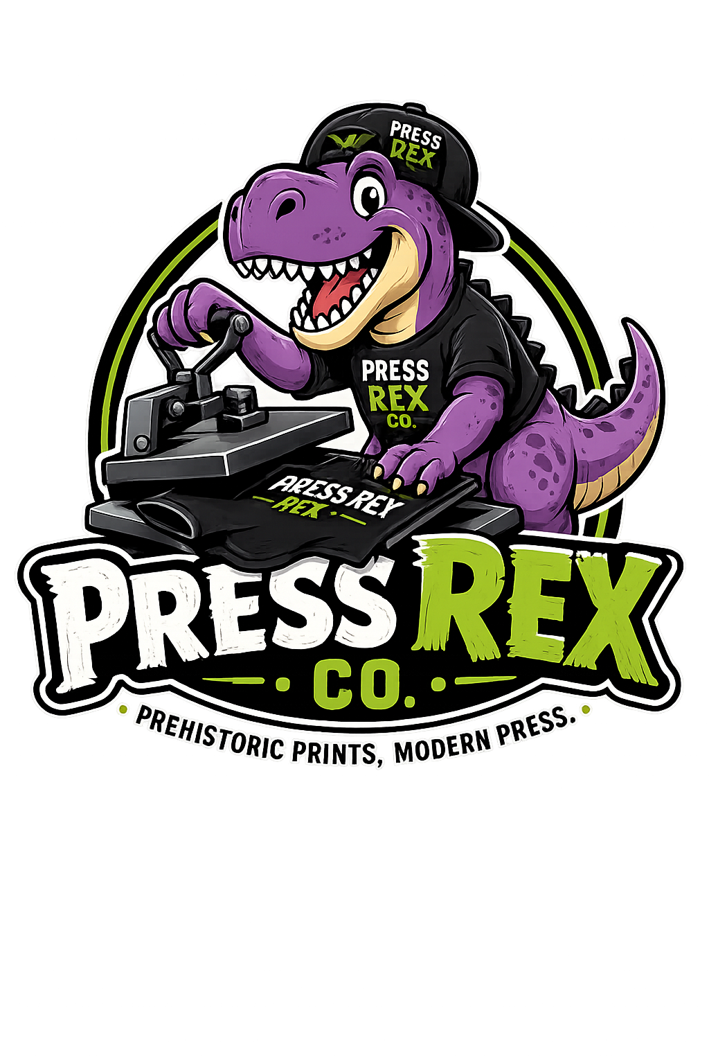 Press Rex Co. logo with the purple T-Rex mascot operating a heat press